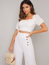 Broderie Angalise Crop Puff Sleeve Top in White
