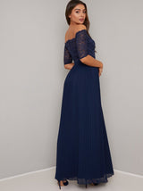Bardot Neckline Lace Pleated Maxi Dress in Blue