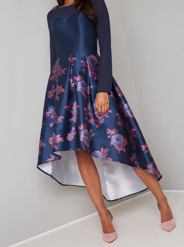 Long Sleeved Floral Dip Hem Midi Dress in Blue