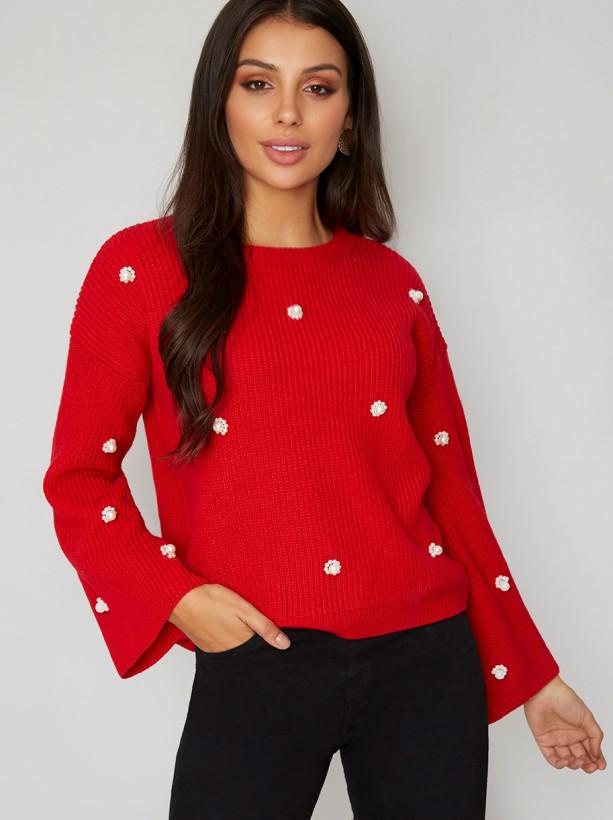 Fluted Long Sleeved Pearl Jumper in Red