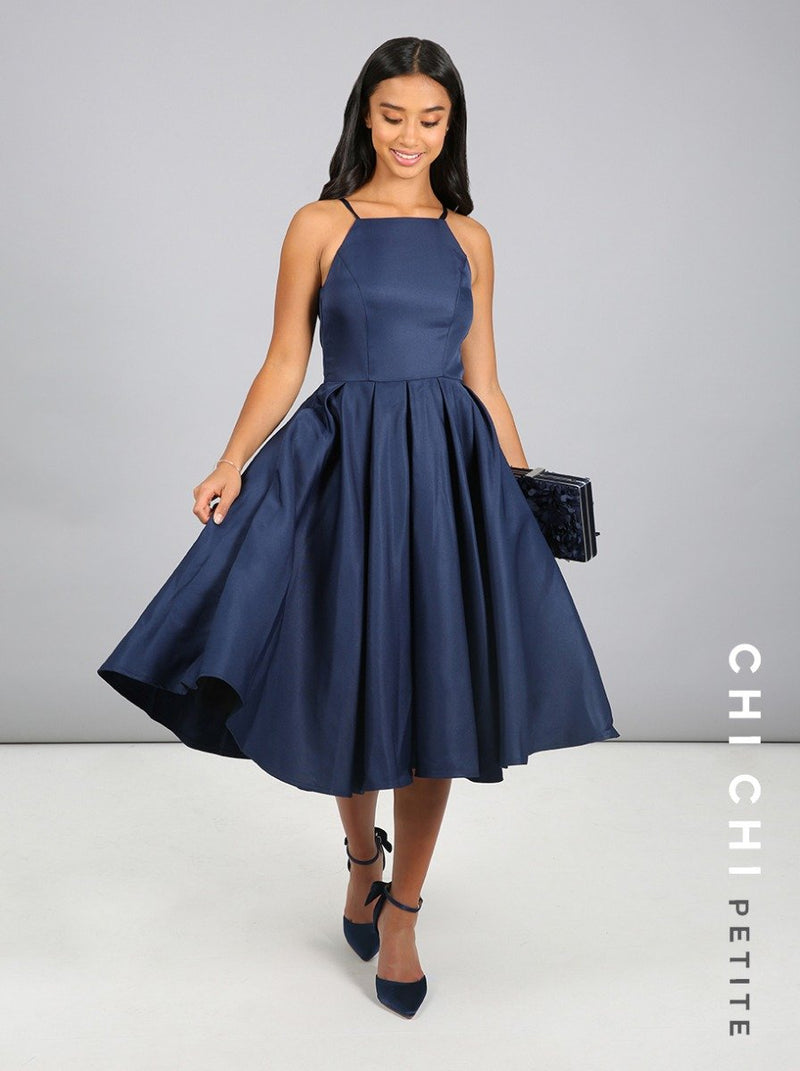 Petite Cami Strap Full Skirt Midi Dress in Blue