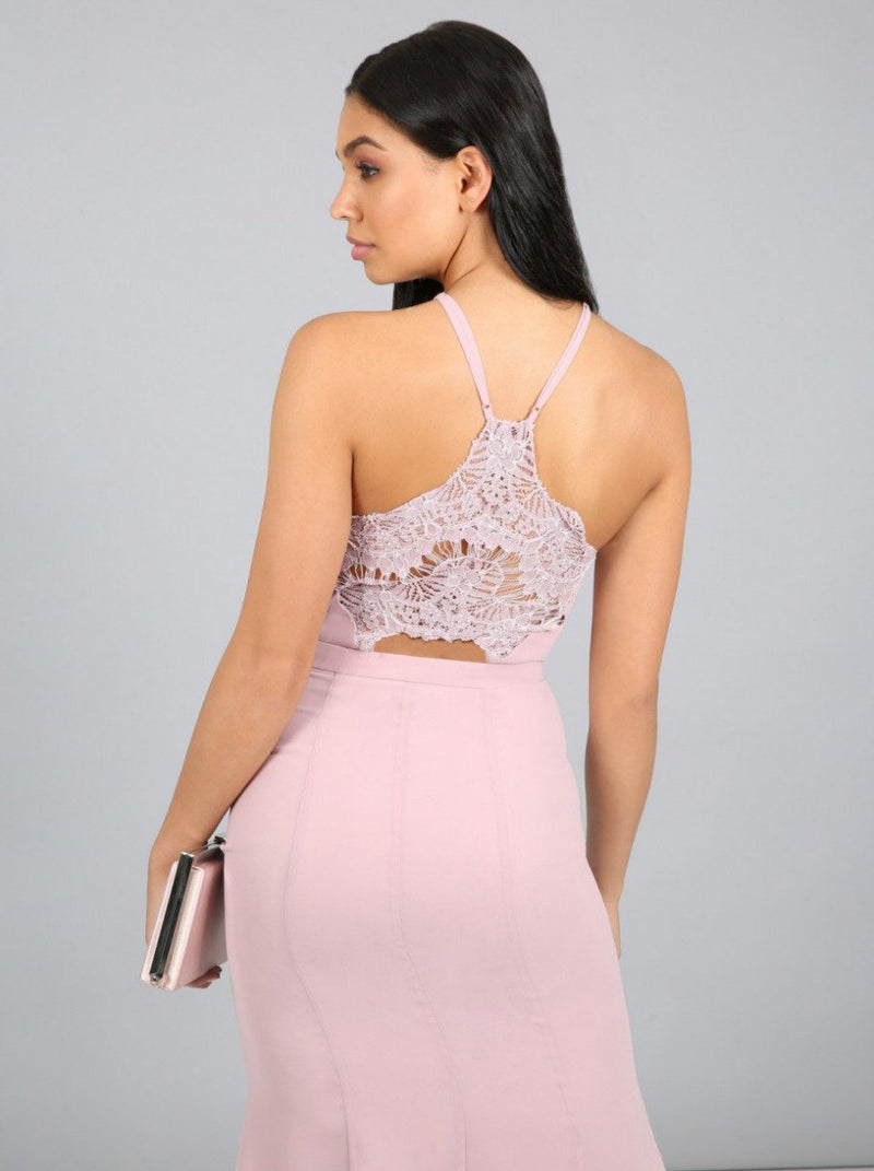 Tall Sheer Lace Back Midi Dress in Pink