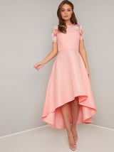 Lace Detailed Dip Hem Dress with Fitted Bodice in Pink