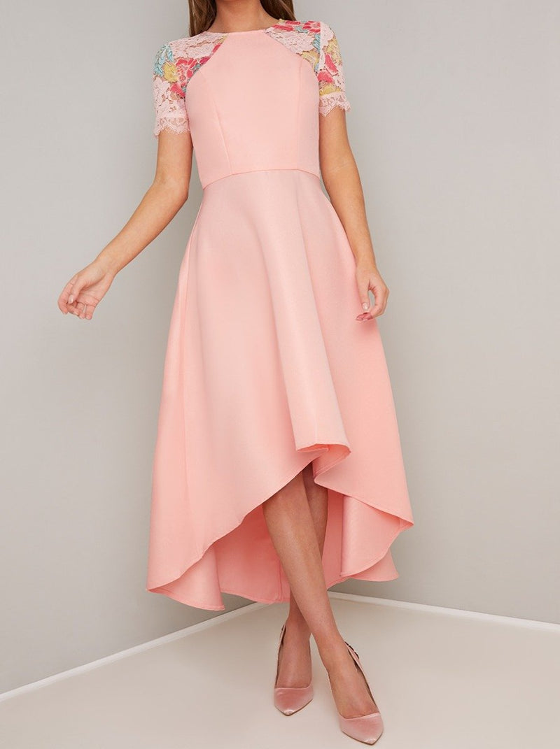 Lace Detailed Dip Hem Dress with Fitted Bodice in Pink
