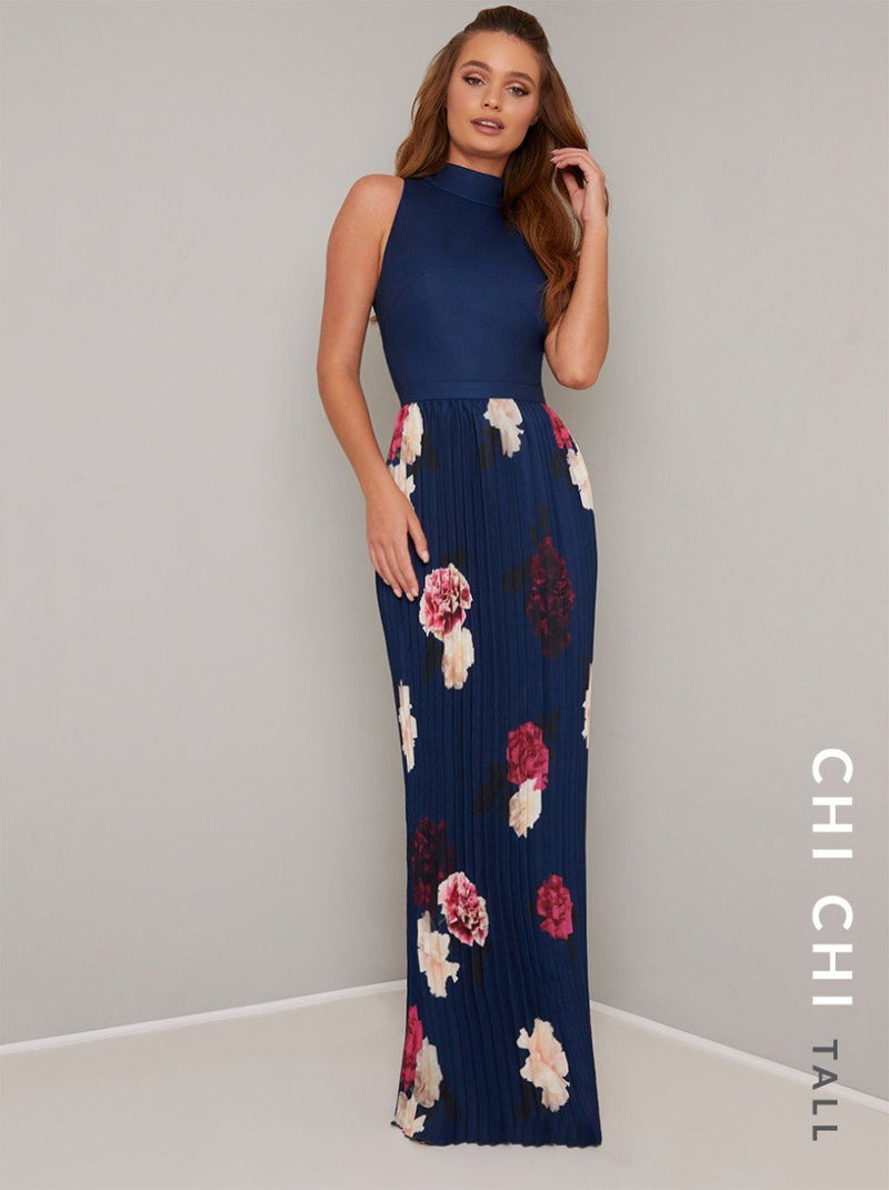 Tall Contrast Floral Pleat Detail Maxi Dress in Blue
