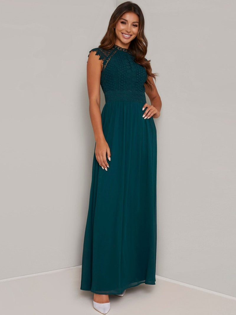 Crochet Maxi Dress with Capped Sleeves in Green