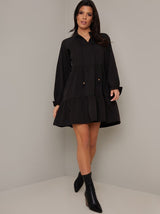 Tiered Smock Long Sleeved Casual Mini Dress in Black