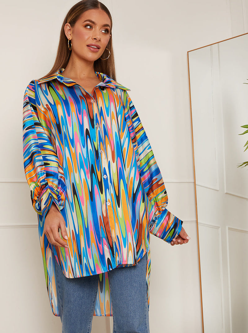 Oversized Sleeve Abstract Print Shirt in Blue