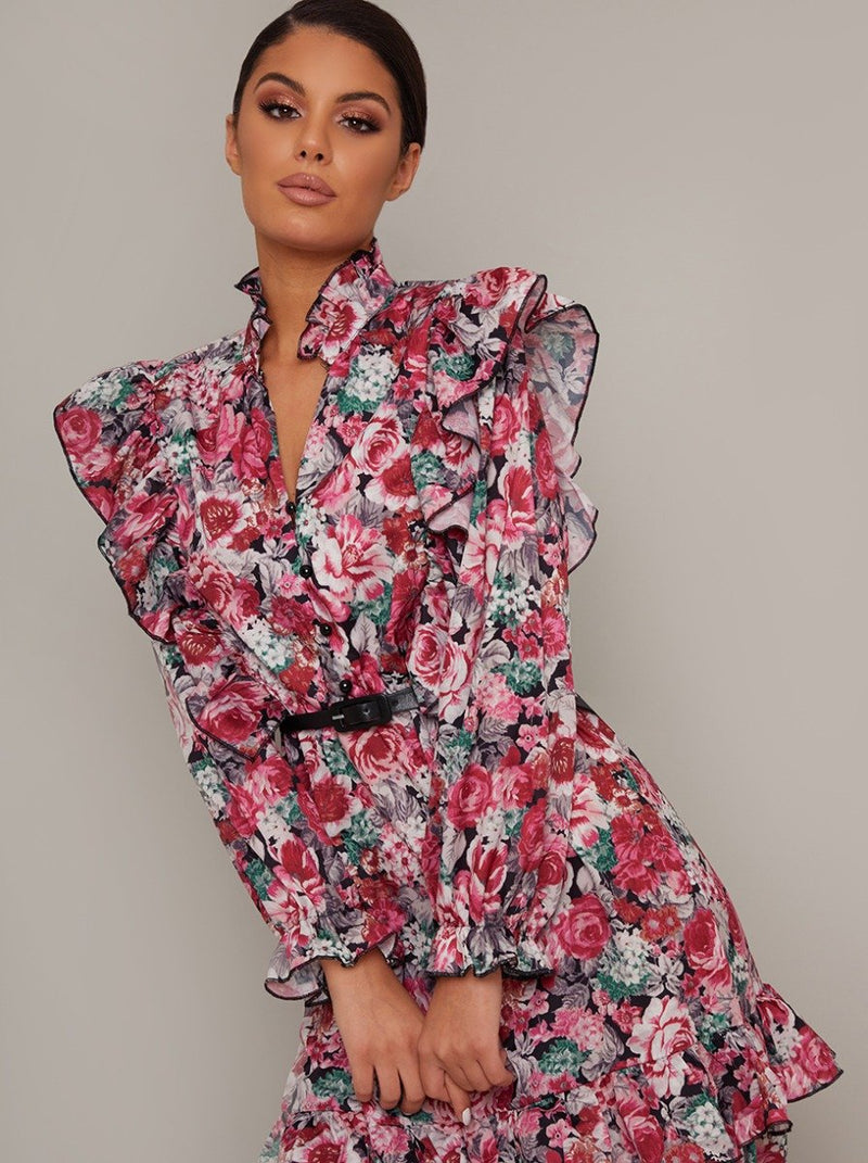 Tiered Long Sleeved Floral Print Midi Dress in Pink