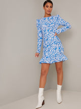 Printed Puff Sleeve Frill Hem Mini Dress in Blue