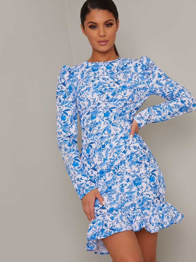 Printed Puff Sleeve Frill Hem Mini Dress in Blue