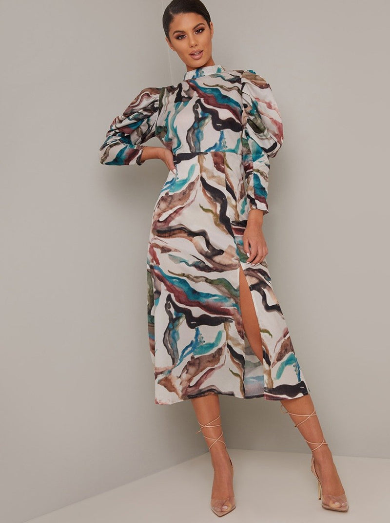 Long Puff Sleeved Print Midi Dress in Multi