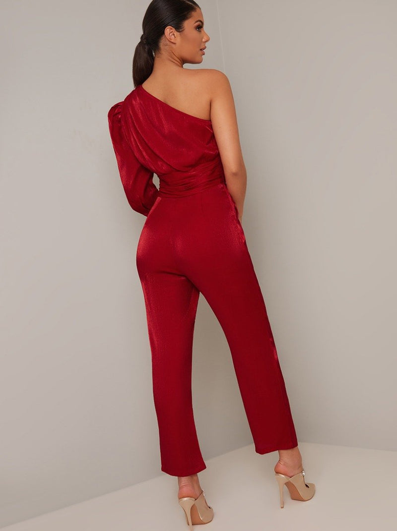 One Should Ruched Tapered Leg Jumpsuit in Red