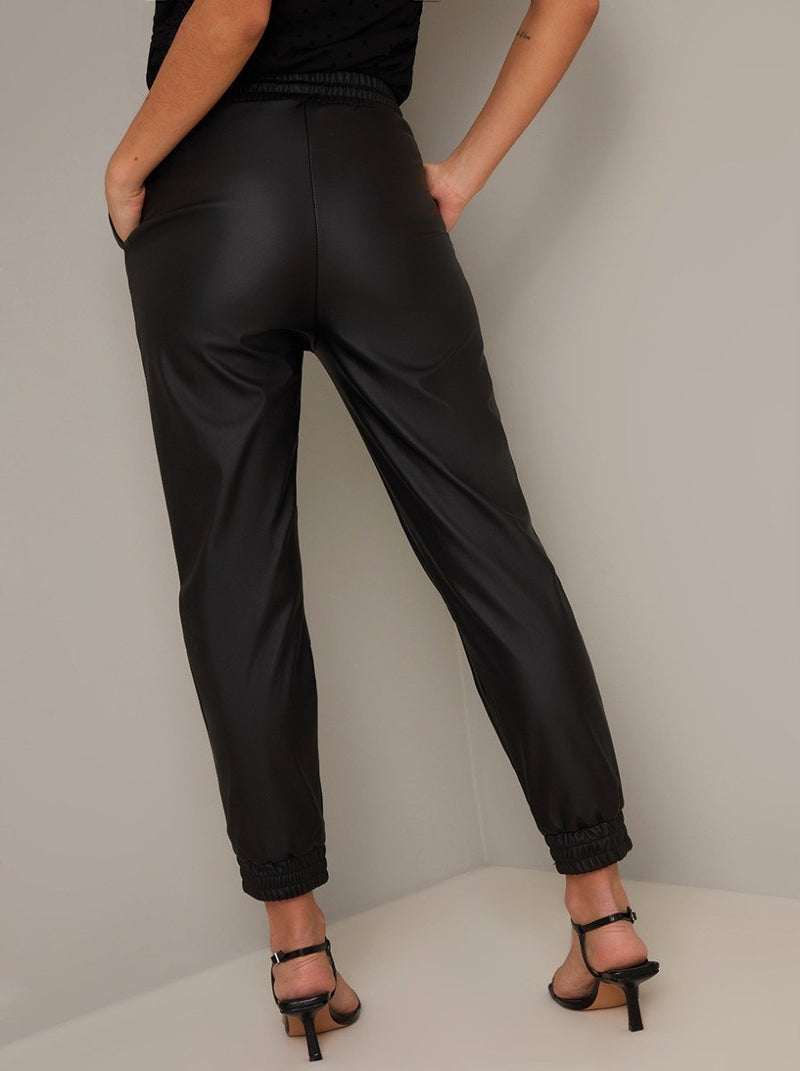 Faux Leather Elasticated Trousers in Black
