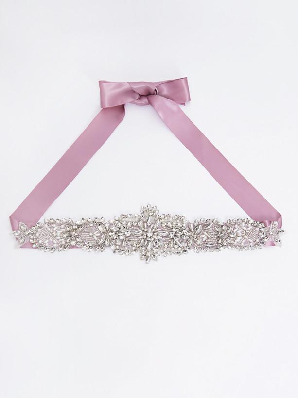 Diamante Detail Belt with Pink Ribbon Finish