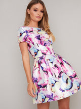 Digital Short Sleeved Floral Print Mini Dress in Multi