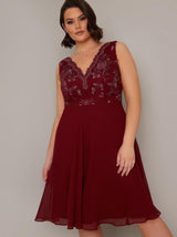 Plus Size Embroidered Bodice Midi Dress in Red