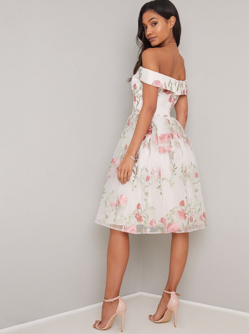 Bardot Lace Embroidered Overlay Midi Dress in Pink