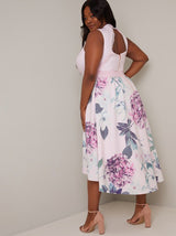Plus Size Contrast Floral Dip Hem Midi Dress In Pink
