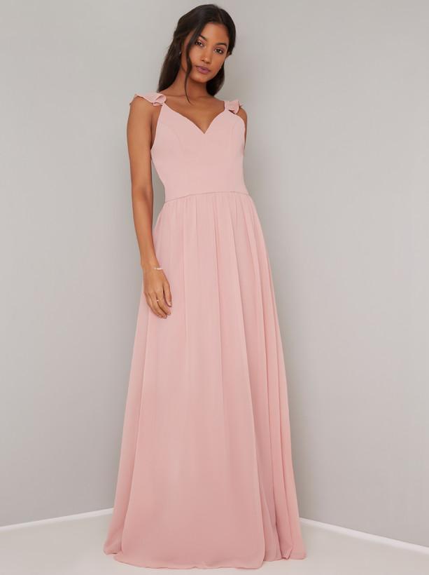 Ruffle Detail Pleated Maxi Dress in Rose Gold