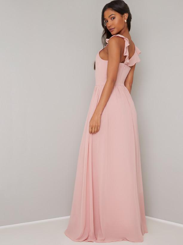 Ruffle Detail Pleated Maxi Dress in Rose Gold
